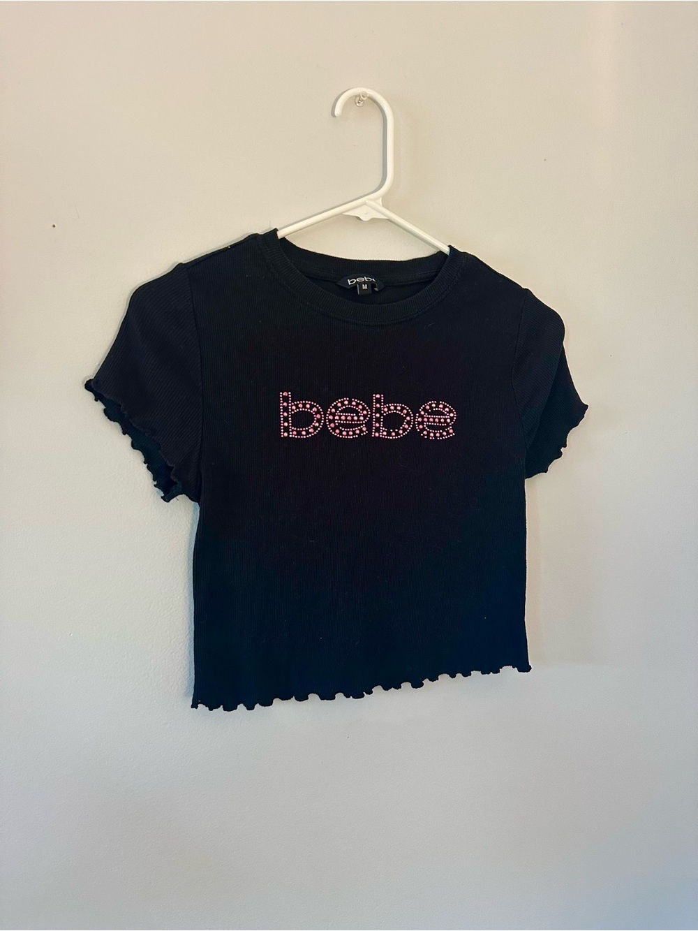 bebe Black Ribbed Crop Tee with Pink Studded Logo